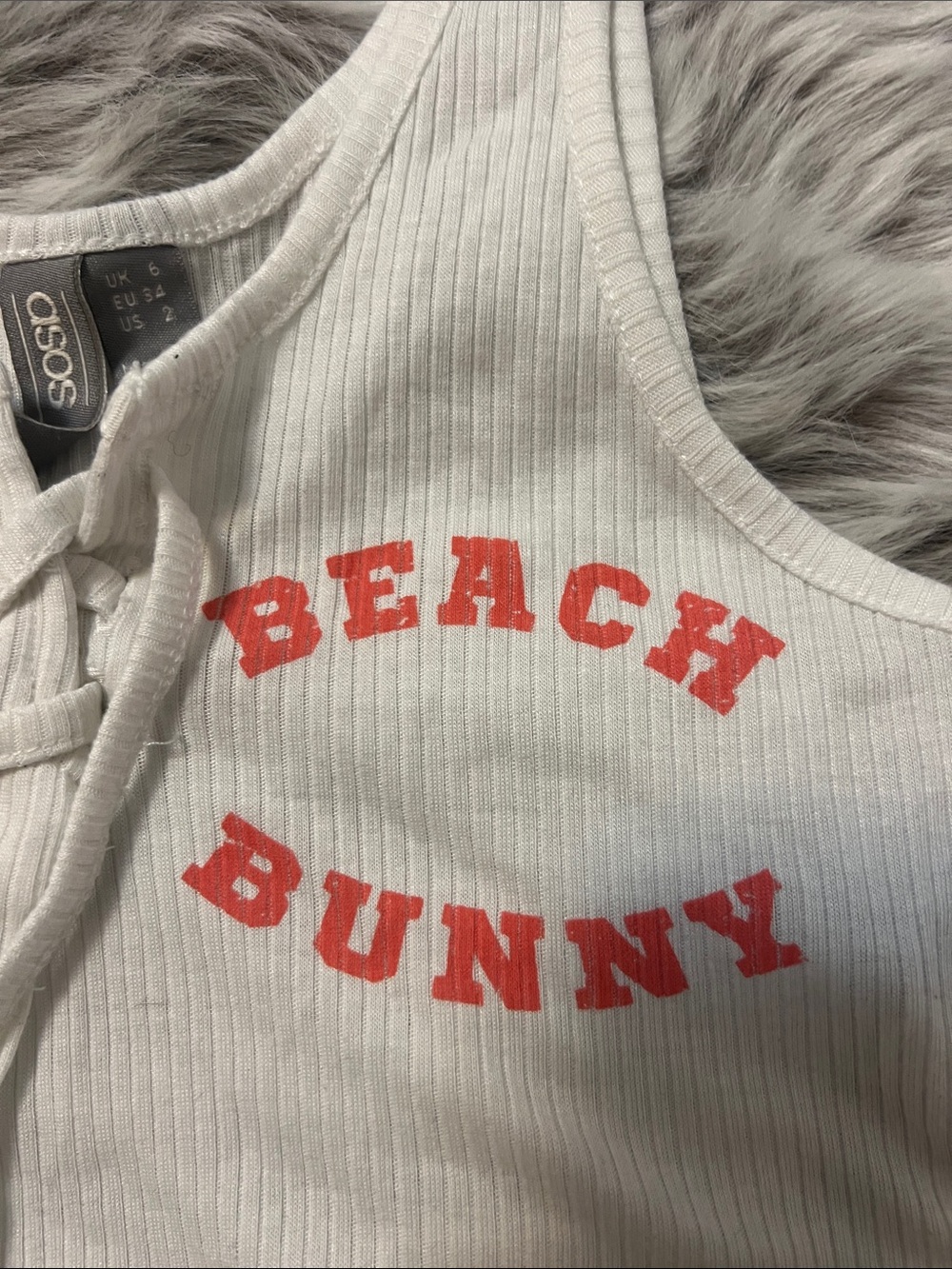 ASOS White Ribbed Lace-Up Crop Top with Red "Beach Bunny" Print - Picture 2 of 5